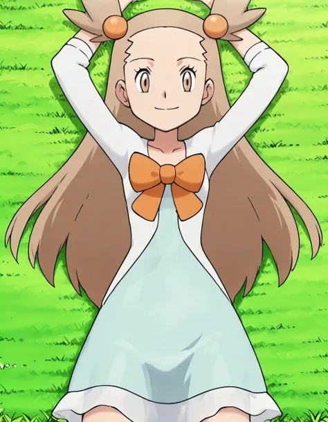 zzJasmine, brown eyes, hair bobbles, hair ornament, light brown hair, two side up, long hair, forehead, white cardigan, green dress, orange bow, sleeves past elbows, anime screencap, high quality, solo, lying, on back, arms up, legs apart, closed mouth, g...
