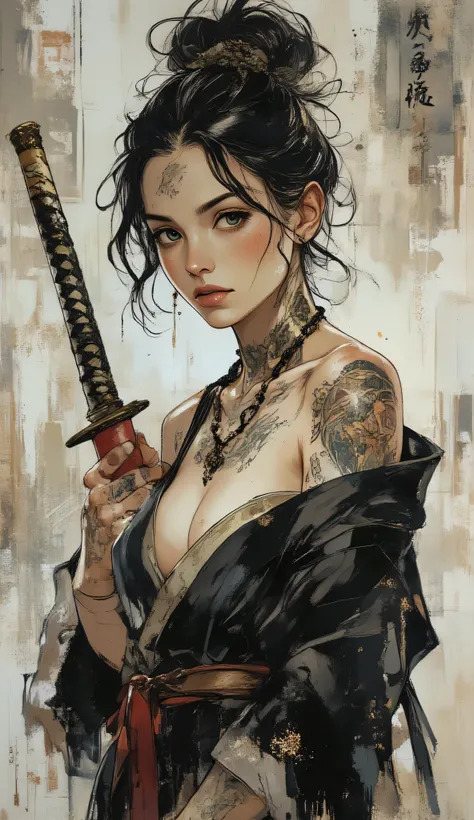 score_9, score_8_up, score_7_up, score_6_up,
fusion of watercolors and oil paintings, mix of monochrome and color, black ink, a sexy woman with a focused expression, holding a katana. Her hair is styled  in a messy bun, and she has light skin with freckles...