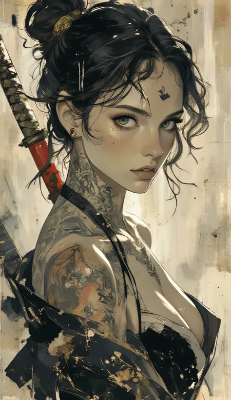 score_9, score_8_up, score_7_up, score_6_up,
fusion of watercolors and oil paintings, mix of monochrome and color, black ink, a sexy woman with a focused expression, holding a katana. Her hair is styled  in a messy bun, and she has light skin with freckles...