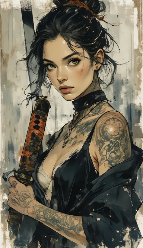score_9, score_8_up, score_7_up, score_6_up,
fusion of watercolors and oil paintings, mix of monochrome and color, black ink, a sexy woman with a focused expression, holding a katana. Her hair is styled  in a messy bun, and she has light skin with freckles...