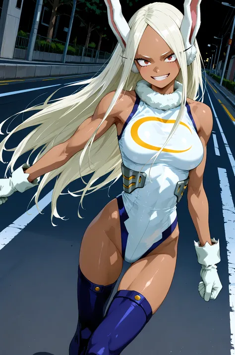 (masterpiece,best quality:1.2,amazing quality,very aesthetic, absurdres, newest), (anime coloring), official style,(mirko,boku no hero academia ),1girl,solo,(ideal ratio body proportions:1.2),(skinny:1.2),medium breasts,white long hair,smile , Hero's costu...