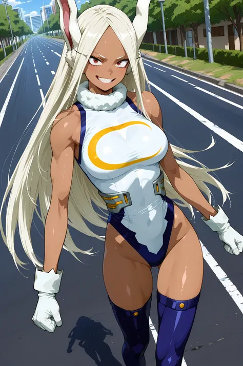 (masterpiece,best quality:1.2,amazing quality,very aesthetic, absurdres, newest), (anime coloring), official style,(mirko,boku no hero academia ),1girl,solo,(ideal ratio body proportions:1.2),(skinny:1.2),medium breasts,white long hair,smile , Hero's costu...