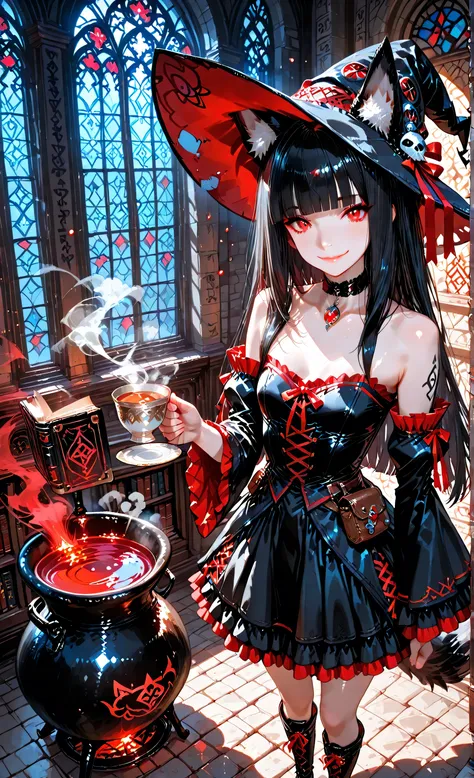 (masterpiece:1.3, 8k:1.3, Highest Quality:1.3, detail:1.3, high resolution:1.3, Digital Painting, ultra detailed), anime witch, from above angle, looking at viewer, <Akakitsune>, fox_ears, red_eyes, long_black_hair, blunt_bangs, (detailed eyes:1.2), (sharp...