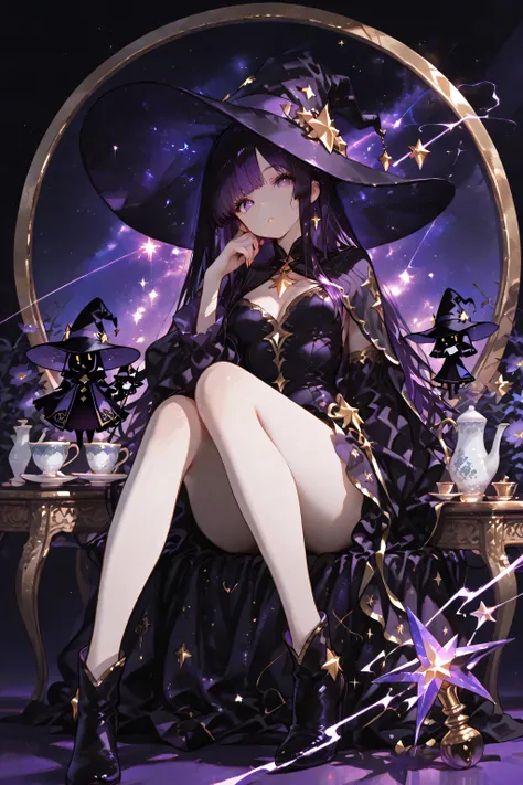 masterpiece, Highest Quality, delicate depiction, The adorable figure of a tiny teacup-sized witch perched on the rim of a larger teacup., The five-centimeter-tall witch dangles her legs with a childlike, innocent expression., The exquisite detail of th...