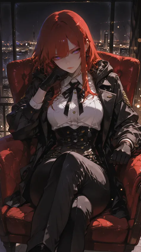 Anime girl character, long straight hair, red hair, purple eyes, Kamidere expression, hooded gaze with piercing intensity, toned body. Wearing a black trench coat, white top, black corset, gold finish, tailored pants, black gloves. Sitting in an armchair, ...