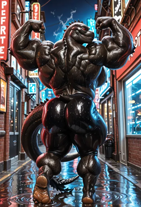 (((by 00b00b43, by Djdarkfox, by Thunder))), (((Huge Adult Male muscular bara Reptile Anthro Thunder Komodo Dragon, Thunder from Fortnite, Fortnite Thunder))), (((Photorealistic Red Sclera:1.5))), (((Solo:2))), (((Position(facing to the side, one of his ar...