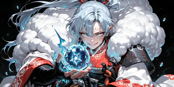 A short, solitary male character, a young teenager, about 1.5 meters tall. He stands alone against a deep black background, making him stand out vividly. His physique, face, and height are exactly like Chung Myung.

He has long, ice-blue hair, styled exact...