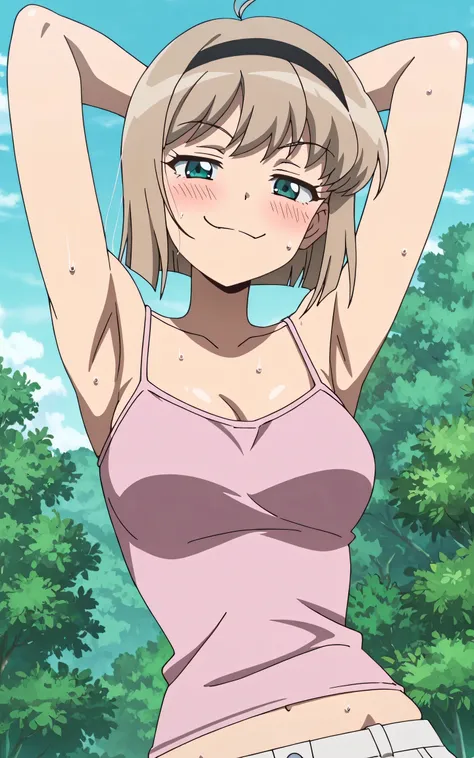 masterpiece, best quality, amazing quality, anime screencap, anime coloring, 1girl, solo, Miki H25, light brown hair, short hair,bangs, green eyes, black hairband, medium breast, slim waist, pink tank top, spaghetti straps, skindentation, (sweaty:0.7), arm...