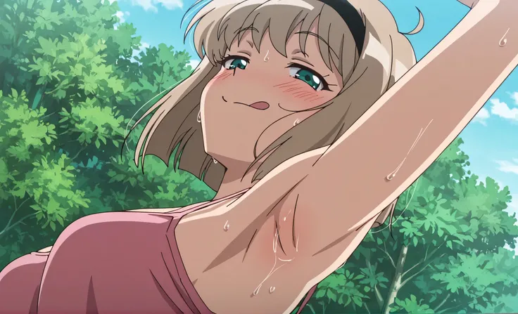 masterpiece, best quality, amazing quality, anime screencap, anime coloring, 1girl, solo, Miki H25, light brown hair, short hair,bangs, green eyes, black hairband, medium breast, slim waist, pink tank top, spaghetti straps, skindentation, (sweaty:0.7), arm...