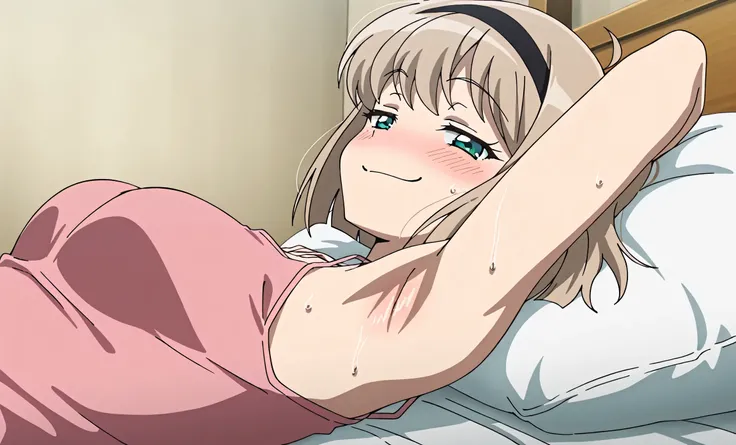 masterpiece, best quality, amazing quality, anime screencap, anime coloring, 1girl, solo, Miki H25, light brown hair, short hair,bangs, green eyes, black hairband, medium breast, slim waist, pink tank top, spaghetti straps, skindentation, (sweaty:0.7), arm...