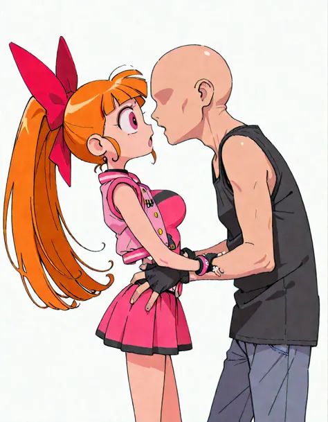 masterpiece masterpiece, ultra-HD, impressionism, high detail, best quality, very aesthetic, 8k, best quality, beautiful , anime coloring , 1boy , bald , tiny man , faceless male , male , no eyebrows , grabbing her waist , face to face , Momoko Akatsutsumi...