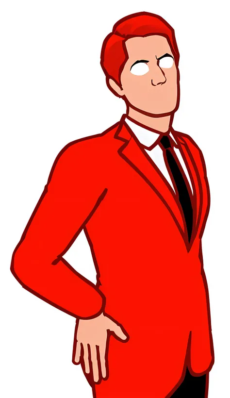 A red-haired white man, wearing a red Eddie-Red suit