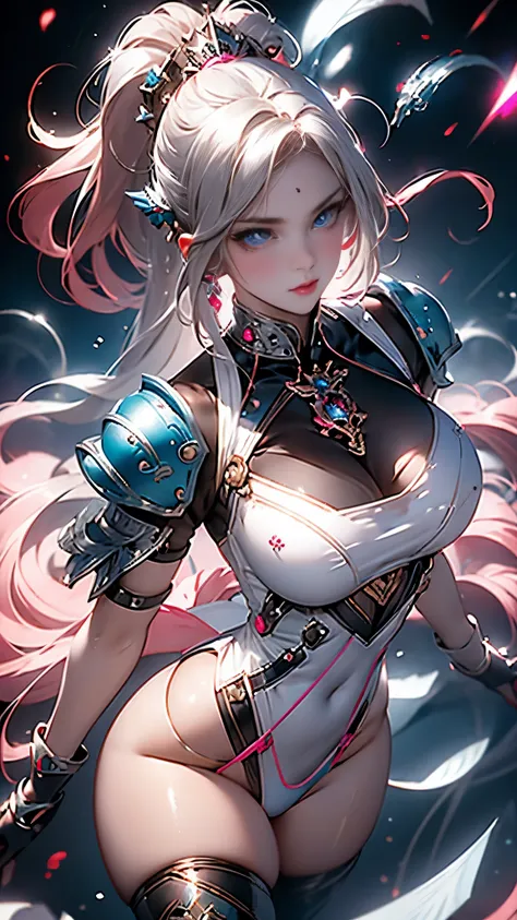 very high waisted v shaped metal panty, pink blush, realistic, WhiteS40k female space marine holding a sword, blonde hair, armored in white and blue space marine armor top with huge cleavage busty, thighs, blue bikini, beautiful eyes, pink blush, looking a...