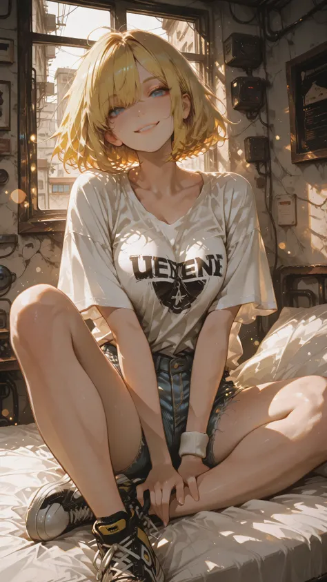 Anime girl character, bob hair, parted hair, messy hair, yellow hair, blue eyes, Genki expression, vibrant look, energetic little smile, toned body. Wearing a off-white large t-shirt, ripped denim shorts, wrist sweatband, sneakers. On the bed, legs crossed...