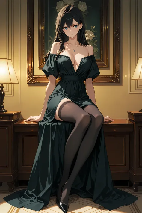 masterpiece, Highest Quality, 1girl, beautiful girl, Anime Style, slender, long legs, sitting pose, Off Shoulder Dress, transparent black stockings, delicate hands, soft lighting, detailed background, Elegant Rooms, high resolution
