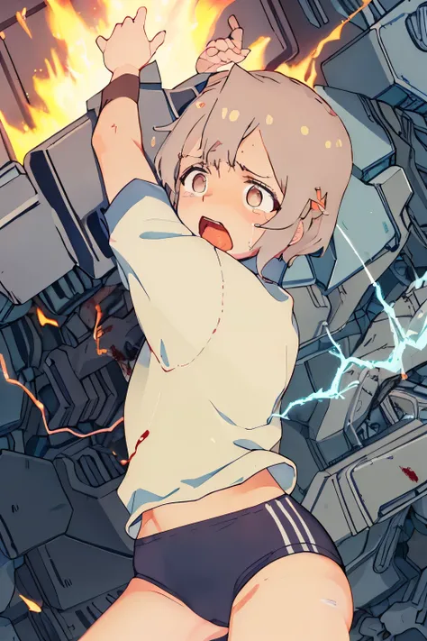 cockpit_explosion, fire, electricity, screaming, explosion, science fiction, wide-eyed, tearing clothes,  blood, scared, sweat, crying, mecha, torn clothes, tears, cockpit,1girl、wearing black gymnastics bloomers,high leg,white blouse,cowboy shot,self wedgi...