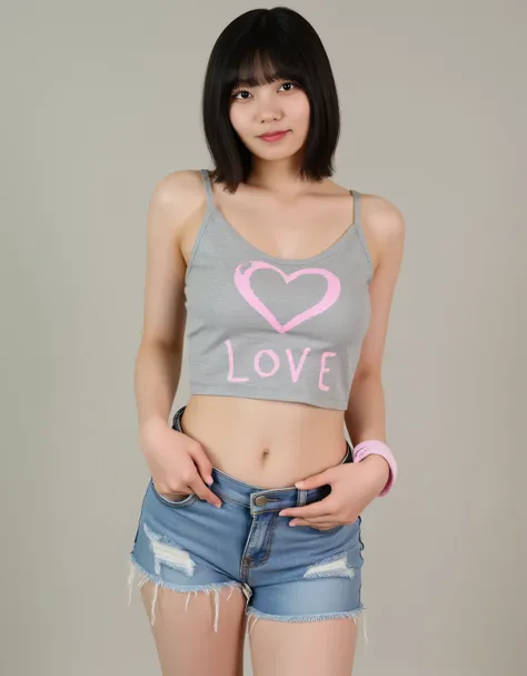 8K, Unbuttoned Denim Shorts, Masterpiece, Ultra High Resolution, (Actual: 1.4), (Shy Smile), Stunning Curves, (Sexy Model Pose: 1.9), (Hands on Thighs: 1.6), (Sharp Waist), (Bangs, Bob Hairstyle), (Light Gray Cropped Camisole: 1.5), (Light Gray Cropped Cam...