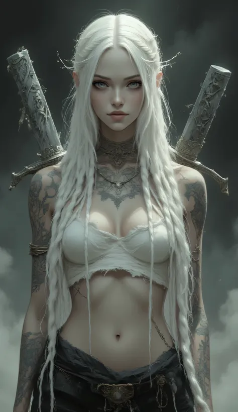 A highly detailed artwork in the fantasy genre Luis Royo style using digital painting techniques. It features a full-body view of a woman with long, flowing white braids that cover her bust. Her slender physique is covered entirely only with tattoos that h...