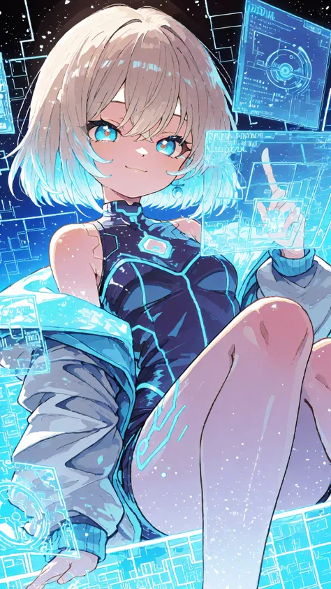 Ai Haibara from Detective Conan reimagined as a cyberpunk female hacker, innocent captivating smile hiding her unmatched talent for bypassing elite network defenses. She operates a sleek quantum supercomputer in an 8K ultra-detailed neon-drenched digital r...