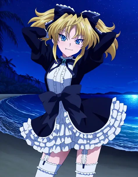 mittelt, white thighhighs, frills, garter straps, black dress, puffy sleeves, blue eyes, blonde hair, twin tails, fang, ribbon, bow, anime screencap, high quality, solo, night sky, beach, arms behind head, ((contrapposto)), closed mouth, cowboy shot, looki...
