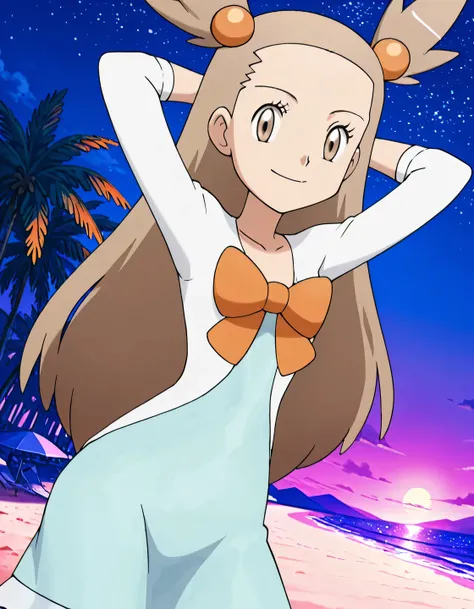 zzJasmine, brown eyes, hair bobbles, hair ornament, light brown hair, two side up, long hair, forehead, white cardigan, green dress, orange bow, sleeves past elbows, anime screencap, high quality, solo, night sky, beach, arms behind head, ((contrapposto))...