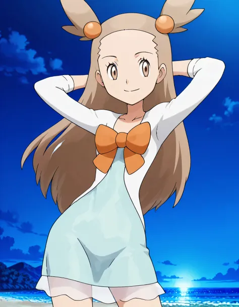 zzJasmine, brown eyes, hair bobbles, hair ornament, light brown hair, two side up, long hair, forehead, white cardigan, green dress, orange bow, sleeves past elbows, anime screencap, high quality, solo, night sky, beach, arms behind head, ((contrapposto))...