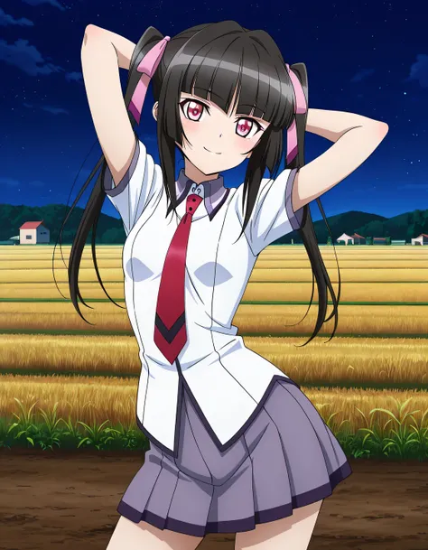 tsukuyomi shirabe, sidelocks, pink eyes, black hair, Blunt bangs, twintails, hair ribbon, ydian academy school uniform, red necktie, short sleeves, untucked shirt,  small breast, anime screencap, high quality, alone, farm, night sky, arms behind head, pinu...