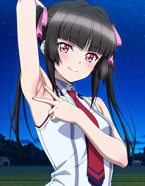 tsukuyomi shirabe, sidelocks, pink eyes, black hair, Blunt bangs, twintails, hair ribbon, lydian academy school uniform, red necktie,  sleeveless, small breast, anime screencap, high quality, alone, farm, night sky, <lora:spread-armpit-illustriousxl-lora-n...