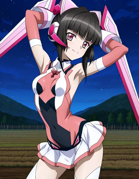 tsukuyomi shirabe, sidelocks, pink eyes, black hair, Blunt bangs, twintails, hair ribbon,headgear, hair ornament, symphogear pendant, white thighhighs, leotard, Covered navel, elbow gloves, pink boDysuit, black bodysuit, two-tone bodysuit, two-tone gloves,...
