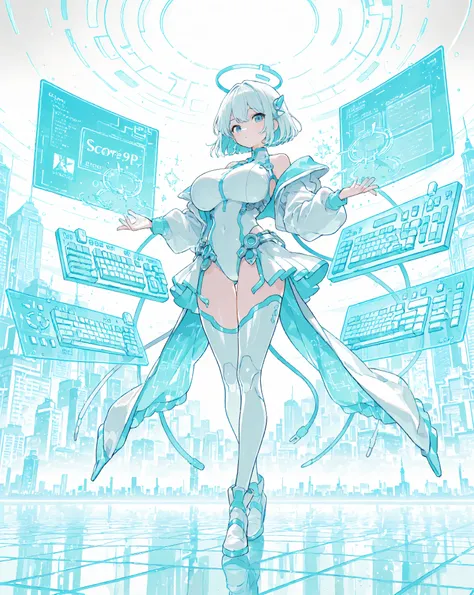 long shot, score_9, score_8_up, score_7_up, (rating_safe), source_anime, 1girl, ultra huge breasts , Ai_Haibara from Detective Conan as a cyberpunk female hacker in a wide-angle long shot, centered within an expansive neon-lit virtual city. **She stands at...