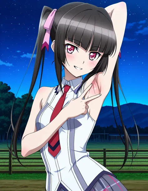 tsukuyomi shirabe, sidelocks, pink eyes, black hair, Blunt bangs, twintails, hair ribbon, lydian academy school uniform, red necktie, sleeveless, small breast, anime screencap, high quality, alone, farm, night sky, <lora:spread-armpit-illustriousxl-lora-no...