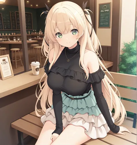 masterpiece, best quality, highres, scenery, newest, 1girl, official style, ren, blonde hair, green eyes, black sweaters, layered skirt, looking at viewer, cute smile, outside, fully shoulders, normal breasts, cute face, cafe shop, sit