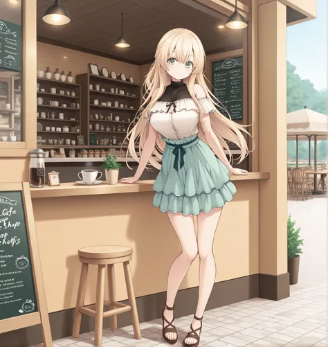 masterpiece, best quality, highres, scenery, newest, 1girl, official style, ren, blonde hair, green eyes, casual shirt, layered skirt, looking at viewer, cute smile, fully shoulders, normal breasts, cute face, cafe shop, full body,