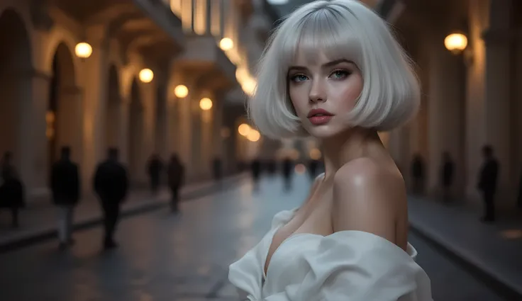 (masterpiece, ultra-detailed, photorealistic, cinematic night photography),  
Sally, standard template, short silver-white fluffy bob hair, cold elegant realistic face,  
balanced natural eye proportions, porcelain smooth glowing skin with subtle highlight...