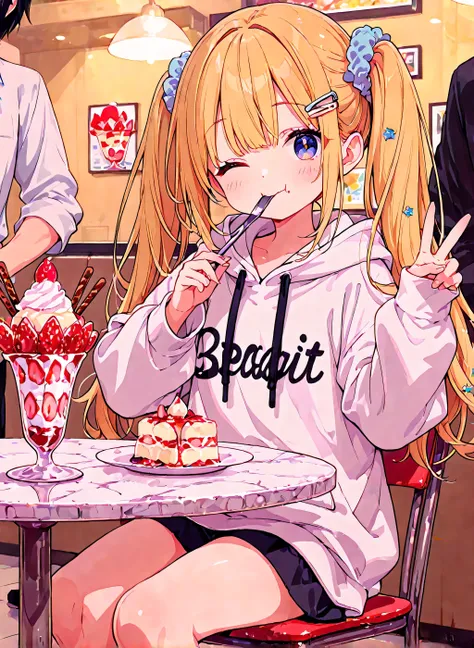 niece、International Exhibition Center、Long Table、They're eating the parfait deliciously、twin tails、I'm sitting on a chair at a table、Wink smiles、V Peace Sign、hoodie、hair clips