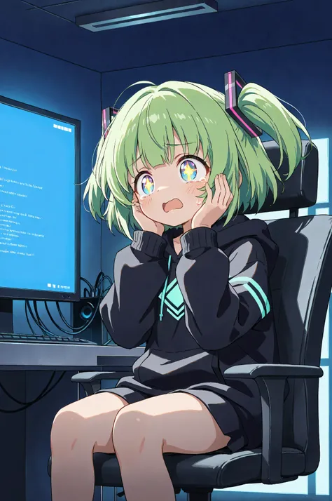 masterpiece, Highest Quality, super definition, (solo:1.8), 1 girl hacker,  green hair, BLACK HOODIE, sitting on a chair, girl sitting in front of a computer, staring at one main monitor from the front, staring at a blue screen, being fought back and forth...