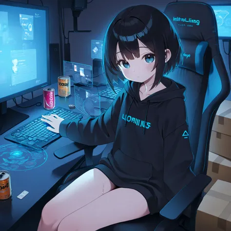 Highest Quality、masterpiece、A young, cute girl with short dark hair sits in a gaming chair and operates a computer、Moment of hacking、Drinking canned juice、BLACK HOODIE、gaming room、Large amount of LCD monitors filling the screen、Cardboard box in the corner ...