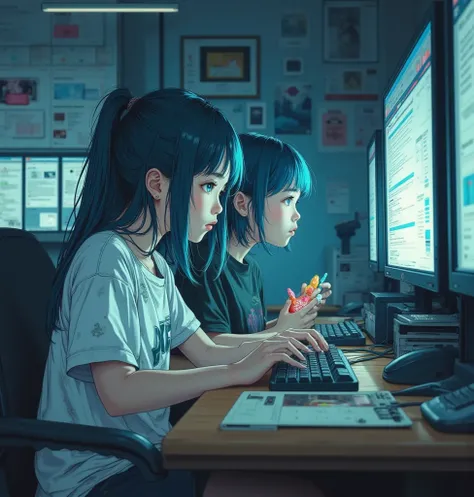 A white hacker girl sitting in front of a computer with multiple monitors２People sitting back to back、is hitting the computer keyboard while wearing a worn t-shirt and holding Chupa Chups、They were １２Age、Her room is dim and the monitor lights are showing u...