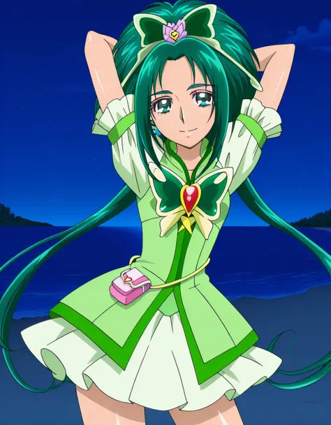 Cure Mint, green_eyes, green hair, short_hair, low twintails, hair_ornaments, earrings, ,green precure costumes, small_breasts, anime screencap, high quality, solo, shiny skin, nighttime, beach, arms behind head, (contrapposto), closed mouth, smile, cowboy...
