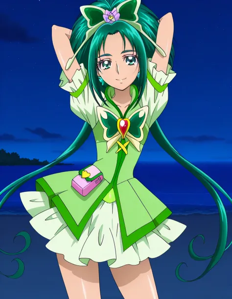 Cure Mint, green_eyes, green hair, short_hair, low twintails, hair_ornaments, earrings, ,green precure costumes, small_breasts, anime screencap, high quality, solo, shiny skin, nighttime, beach, arms behind head, (contrapposto), closed mouth, smile, cowboy...