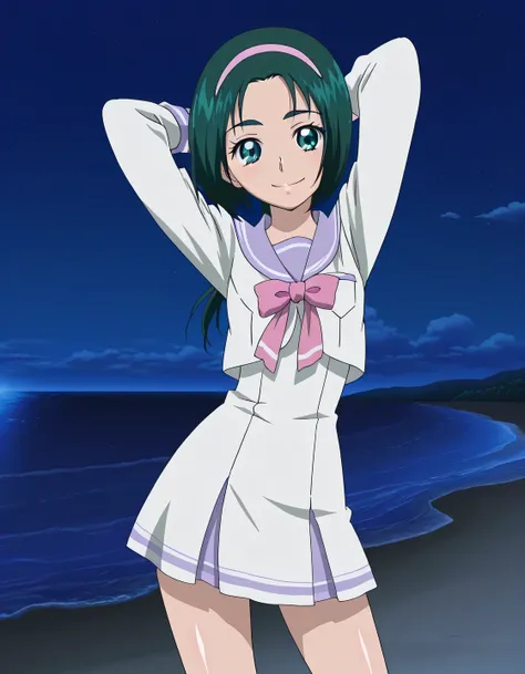Komachi, dark green hair, short_hair, low ponytail, hairband, pink band, green eyes, small_breasts, ,serafuku, anime screencap, high quality, solo, shiny skin, nighttime, beach, arms behind head, (contrapposto), closed mouth, smile, cowboy shot, looking at...