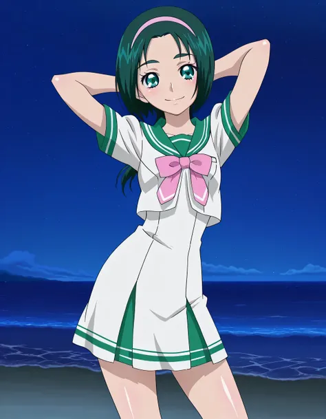 Komachi, dark green hair, short_hair, low ponytail, hairband, pink band, green eyes, small_breasts, ,serafuku, anime screencap, high quality, solo, shiny skin, nighttime, beach, arms behind head, (contrapposto), closed mouth, smile, cowboy shot, looking at...