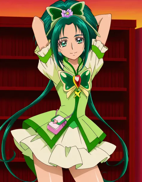 Cure Mint, green_eyes, green hair, short_hair, low twintails, hair_ornaments, earrings, ,green precure costumes, small_breasts, anime screencap, high quality, solo, shiny skin, library, empty, arms behind head, (contrapposto), closed mouth, smile, cowboy s...