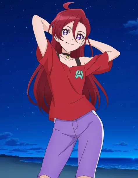 Asuka, red hair, long_hair, ahoge, violet eyes, hair between eyes, red shirt, purple pants, capri pants, black choker, off shoulder, small_breasts, anime screencap, high quality, solo, shiny skin, night sky, beach, arms behind head, (contrapposto), closed ...