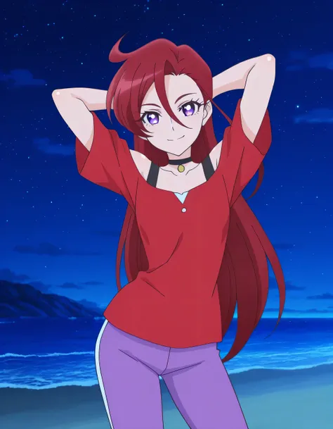 Asuka, red hair, long_hair, ahoge, violet eyes, hair between eyes, red shirt, purple pants, capri pants, black choker, off shoulder, small_breasts, anime screencap, high quality, solo, shiny skin, night sky, beach, arms behind head, (contrapposto), closed ...