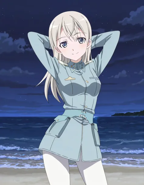 elila, default, 1girl, blue eyes, silver hair, long hair, uniform, military uniform, blue jacket, military jacket, white pantyhose, blue belt, anime screencap, high quality, solo, cowboy shot, (contrapposto), hands behind head, closed mouth, night sky, bea...