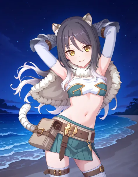 pcrshio, animal ears, animal ear fluff, black hair, gradient hair, yellow eyes, tiger tail, striped tail, pshiodef, fur-trimmed capelet, bare shoulders, two-tone bandeau, midriff, brown belt, green skirt, pleated skirt, pencil skirt, miniskirt, elbow glove...