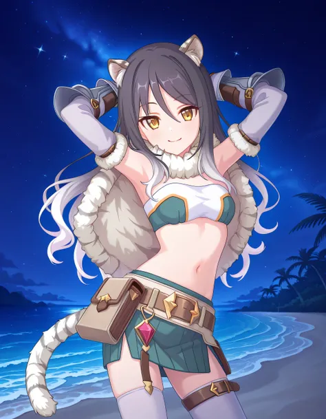 pcrshio, animal ears, animal ear fluff, black hair, gradient hair, yellow eyes, tiger tail, striped tail, pshiodef, fur-trimmed capelet, bare shoulders, two-tone bandeau, midriff, brown belt, green skirt, pleated skirt, pencil skirt, miniskirt, elbow glove...