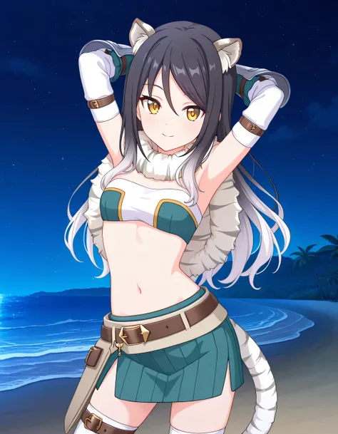 pcrshio, animal ears, animal ear fluff, black hair, gradient hair, yellow eyes, tiger tail, striped tail, pshiodef, fur-trimmed capelet, bare shoulders, two-tone bandeau, midriff, brown belt, green skirt, pleated skirt, pencil skirt, miniskirt, elbow glove...