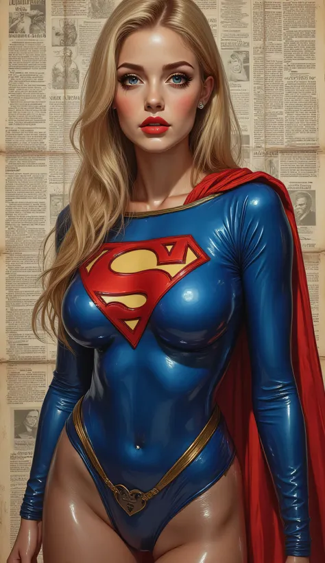 Detailed multi-colored proportions and textures with airbrushed brushstrokes presenting a semi-realistic illustration A beautiful and strong young woman wearing a tight-fitting latex Supergirl-style hero costume where dark blue tones predominate, mixed wit...